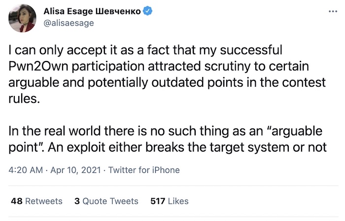 Alisa Esage, one of the Pwn2Own winners but whose win was reduced to a "partial win" by the competition, defended her work. "An exploit either breaks the target system or not."