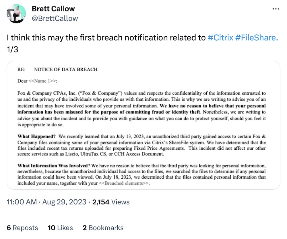 Brett Callow tweet: "I think this may the first breach notification related to Citrix ShareFile," followed by a screenshot of a data breach notice.