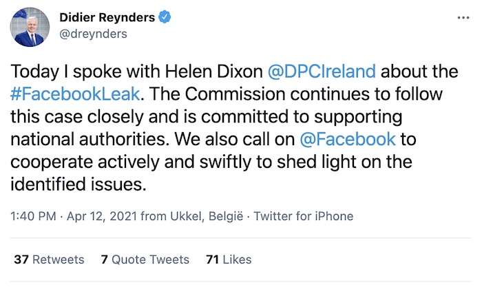 EU's justice chief tweets that he has been in contact with Ireland's data protection authority about the Facebook phone number data leaks.