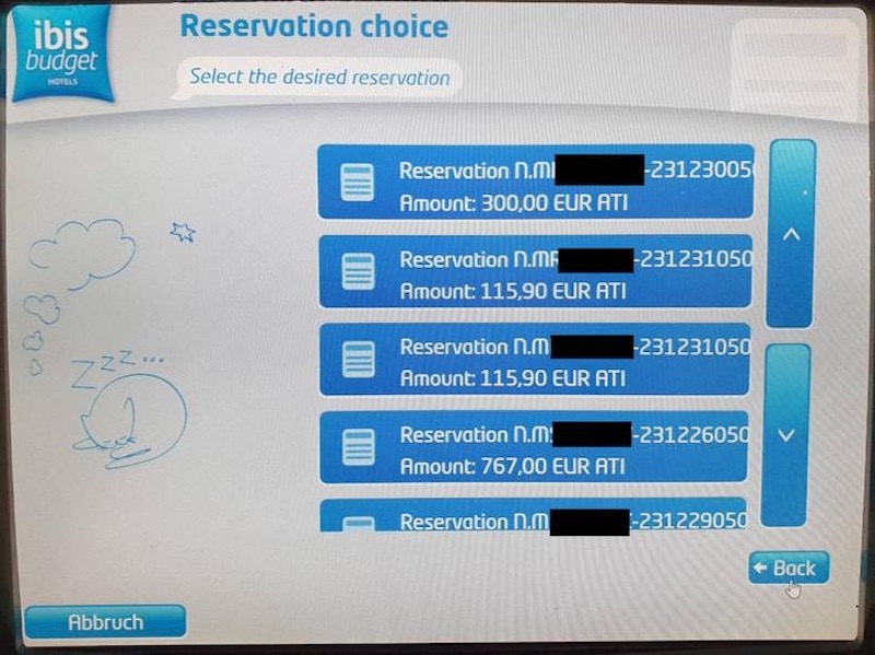 A screenshot from the Ibis Budget check-in kiosk after the bug was exploited. It shows several reservations with redacted guest room access codes.