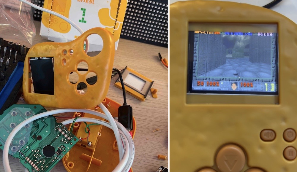 Two photos side-by-side: a McDonalds chicken nugget toy disassembled on the left, and on the right a close-up of a small display running Doom on the chicken nugget toy. What a sentence to write...