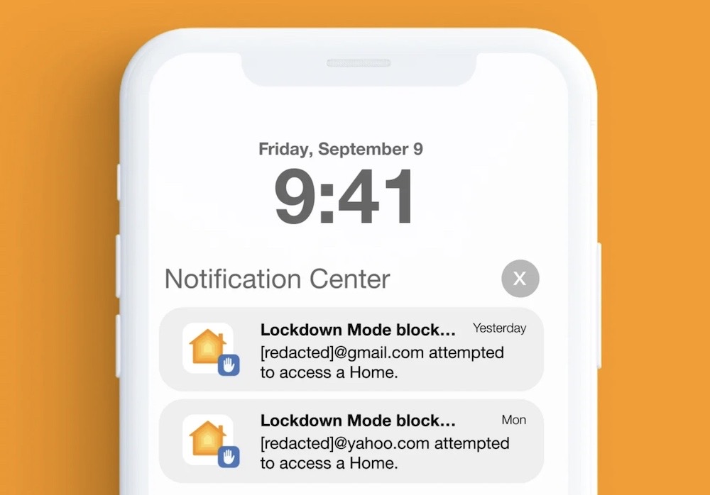 A mockup of a screenshot showing Lockdown Mode blocking an attempt by a third-party to access a Home.