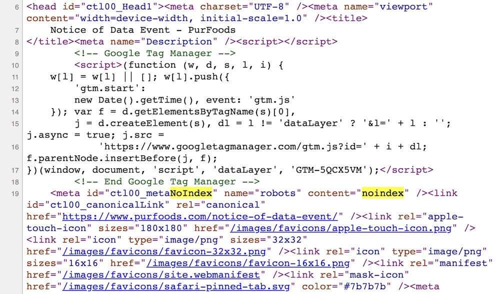 A screenshot of the source code of PurFoods' data breach notice with a "noindex" tag hiding the post from search engines.