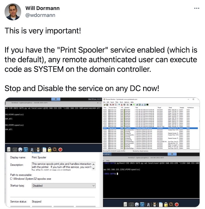 Will Dormann tweets to disable the Print Spooler service on domain controllers. 