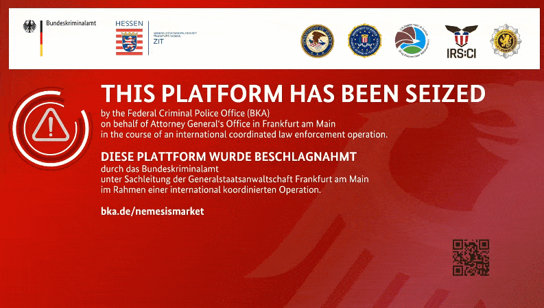 A dark web site called Nemesis was seized by German police, with a splash/seizure notice that says, "THIS PLATFORM HAS BEEN SEIZED," with a red background. Below is Nemesis' logo, which a carton space craft animation appears from the left, and shoots a missile at the Nemesis logo, blowing it up. The cartoon spacecraft flies off screen.