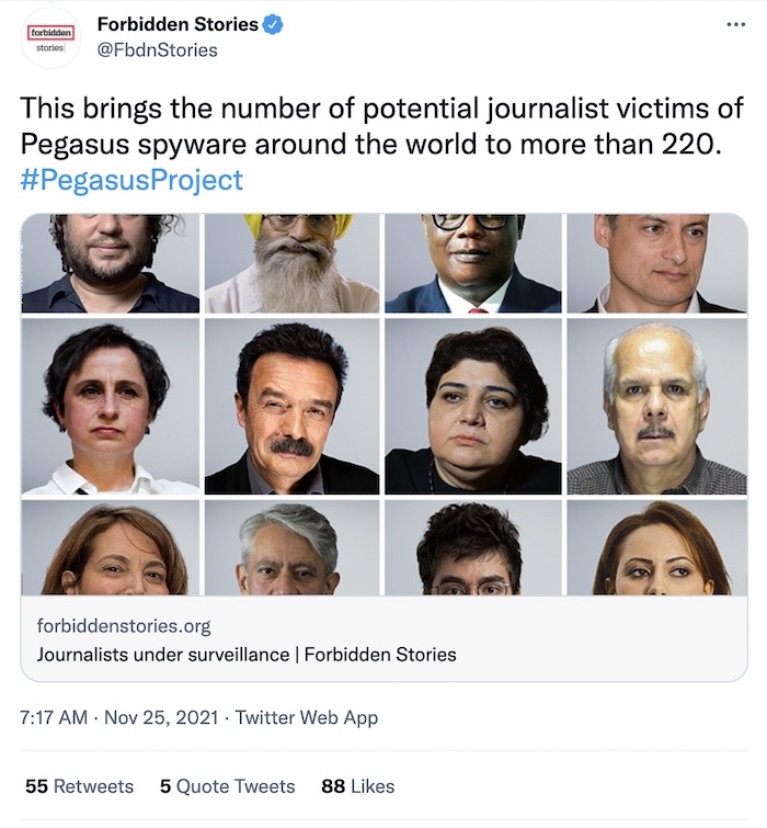 Forbidden Stories tweet: "This brings the number of potential journalist victims of Pegasus spyware around the world to more than 220."