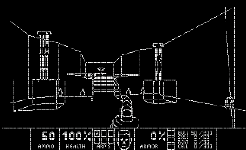 An animated GIF of a black and white wireframe model of Doom playing on a quantum computer.