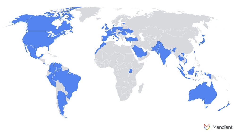 A world map by Mandiant, showing North Korean hackers targeting a range of countries — including North America, much of Brazil and South America, parts of the Middle East, Australia and Asia, a couple of countries in Africa, and now broad swathes of Europe.