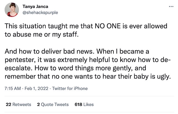 A tweet thread by Tanya Janca (@shehackspurple) about yelling.