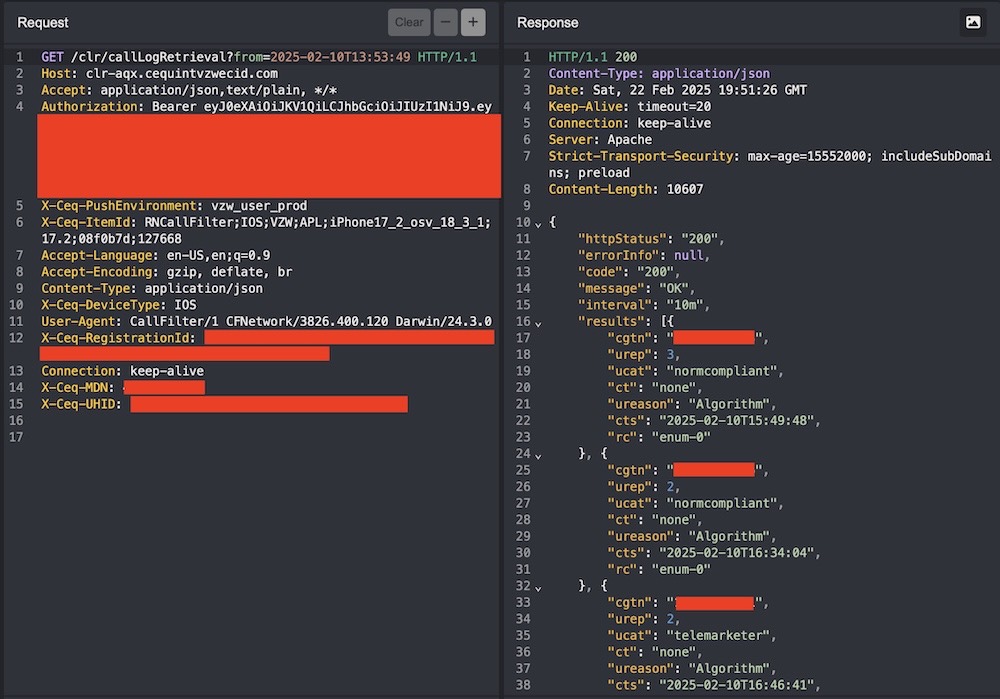 A screenshot from Burp Suite, showing a Verizon endpoint returning call logs, with some parts of the screenshot redacted.
