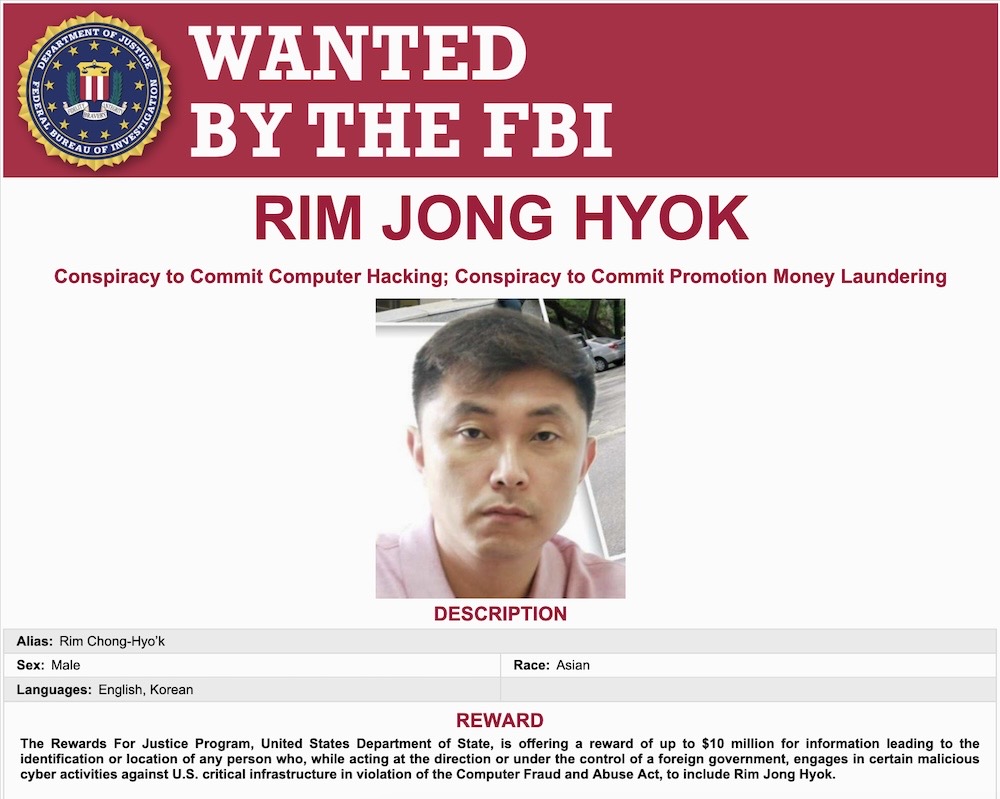 A screenshot of the top half of an FBI wanted poster for Rim Jong Hyok, a named North Korea-based hacker.