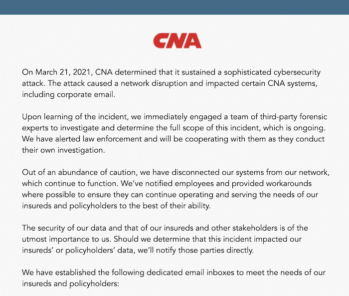 CNA's holding page for its website, which is down after a suspected ransomware attack.