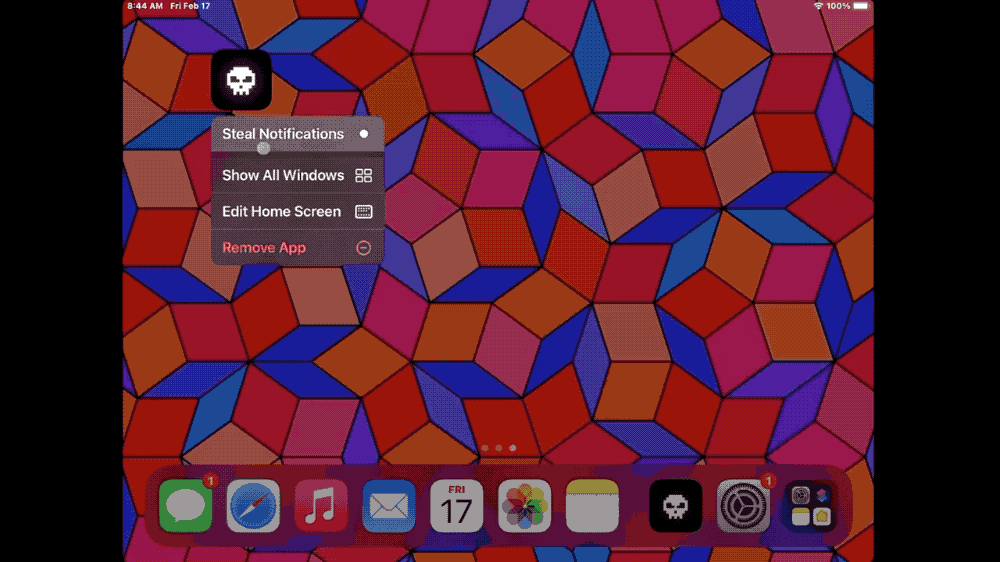 An animated GID showing a malicious app that, when tapped "Steal notifications," will collect the device's notifications and location data and share it.