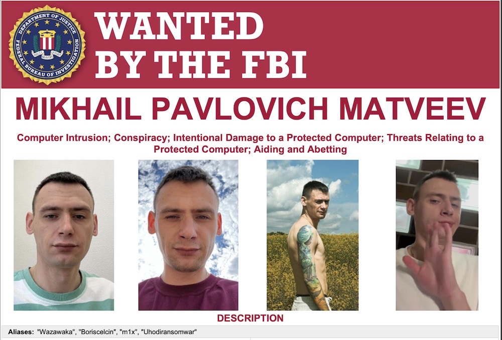An FBI wanted poster for Matveev, including four photos of him, his face, and distinctive arm tattoos.