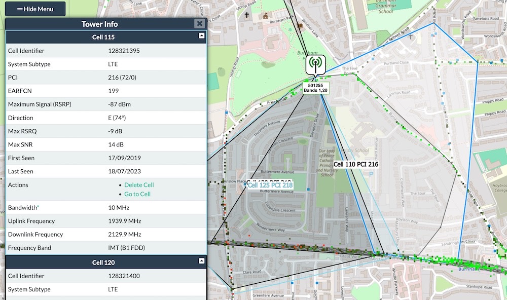 A screenshot showing a tower ID lookup using public data but using an identifier leaked by the O2 mobile operator of a customer's location.