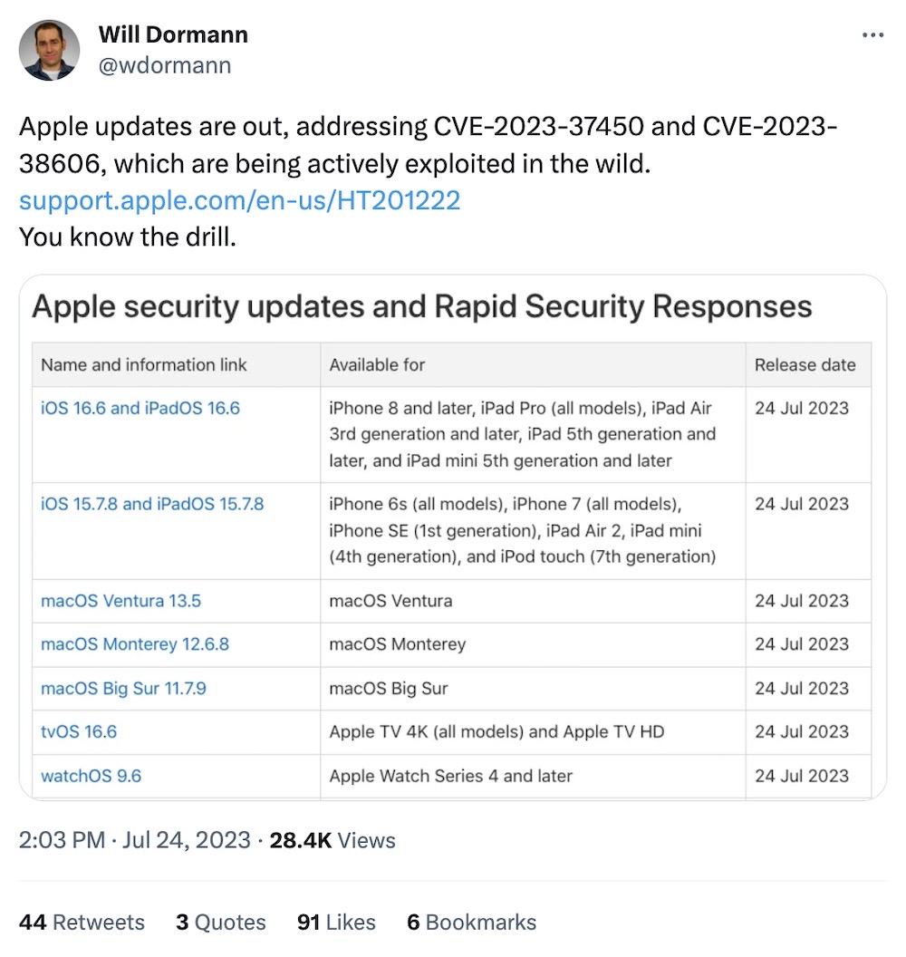 Will Dormann tweet: "Apple updates are out, addressing CVE-2023-37450 and CVE-2023-38606, which are being actively exploited in the wild. You know the drill."