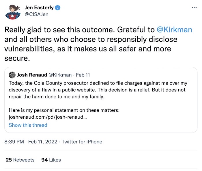 Tweet from Jen Easterly: "Really glad to see this outcome. Grateful to Josh Renaud and all others who choose to responsibly disclose vulnerabilities, as it makes us all safer and more secure."
