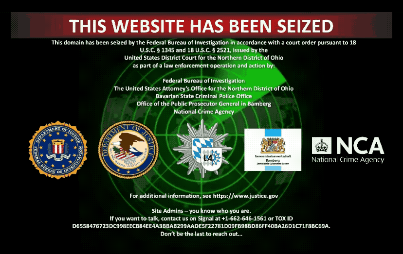 A law enforcement seizure notice on the Radar/Dispossessor group's ransomware site, which read: "THIS WEBSITE HAS BEEN SEIZED" and in the background looks like a green animation of a spinning RADAR screen.