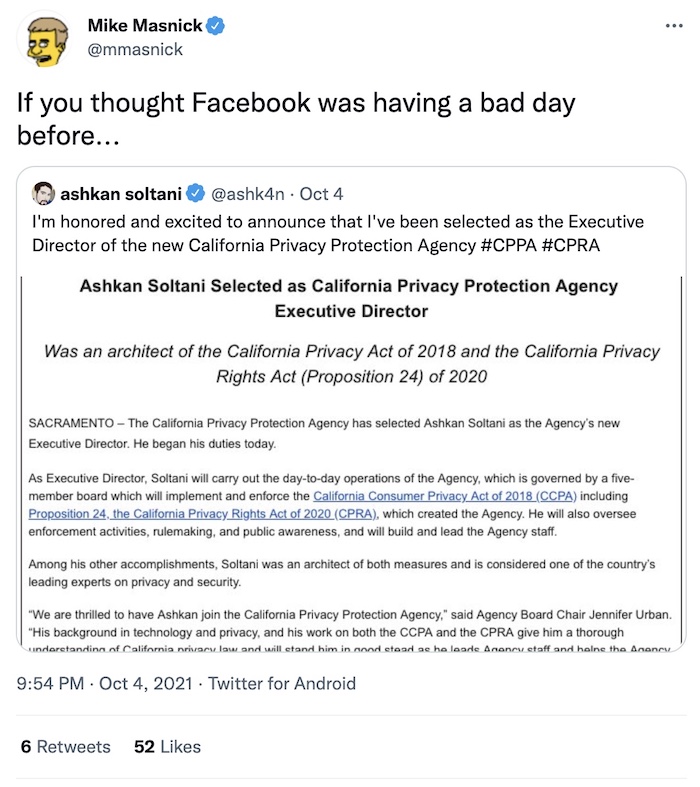 Mike Masnick tweet: "If you thought Facebook was having a bad day before..."