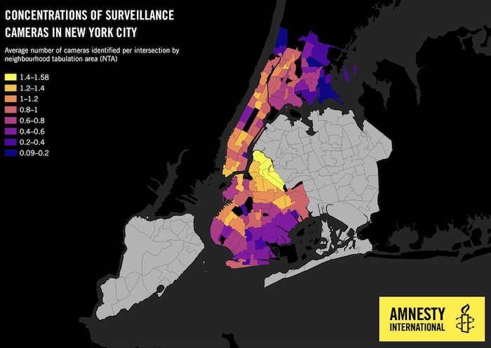 A screenshot of a map by Amnesty that shows most NYPD cameras are in non-white neighborhoods.