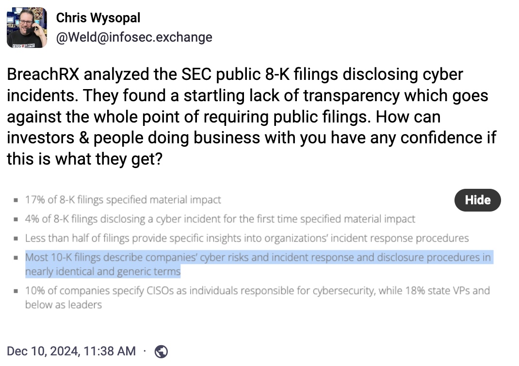 Chris Wysopal post: "BreachRX analyzed the SEC public 8-K filings disclosing cyber incidents. They found a startling lack of transparency which goes against the whole point of requiring public filings. How can investors & people doing business with you have any confidence if this is what they get?" followed by a screenshot of a list of bullets, detailing the BreachRX report.