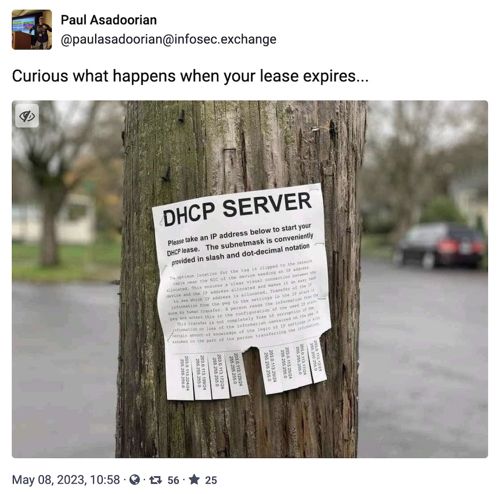 A photo of a piece of paper stapled to a wooden telephone pole titled "DHCP SERVER", adding ""Please take an IP address below to start your DHCP lease." The paper also has tear-off pieces of paper with IP addresses on.