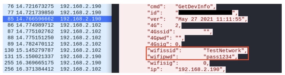 A screenshot of a Wireshark dump that reveals the buggy spy camera is spilling Wi-Fi credentials of the network it's connected to.