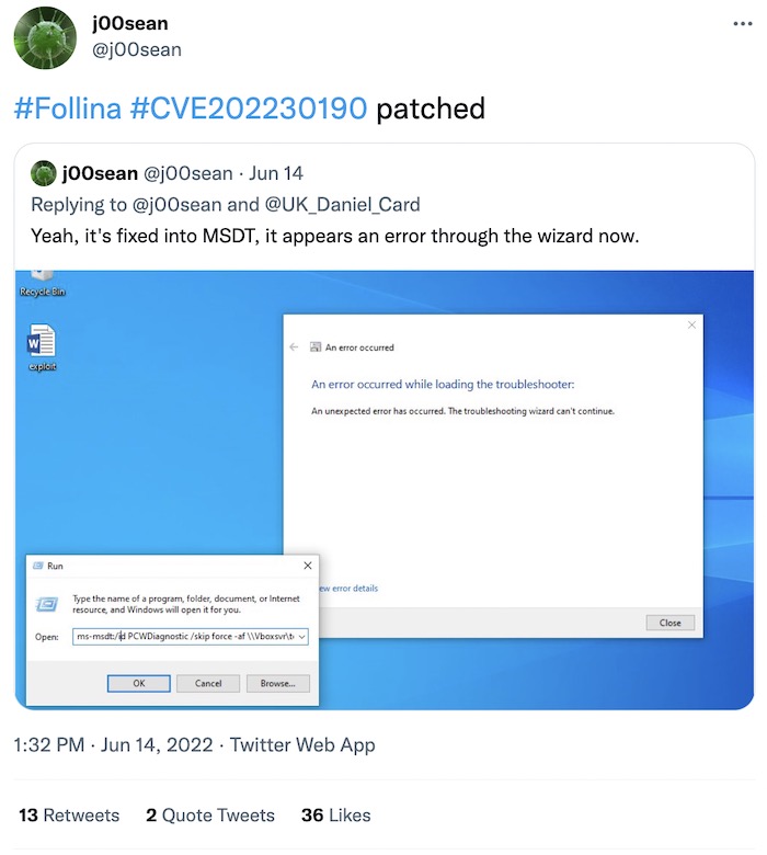 j00sean tweet: "Follina patched." More details by following the link.