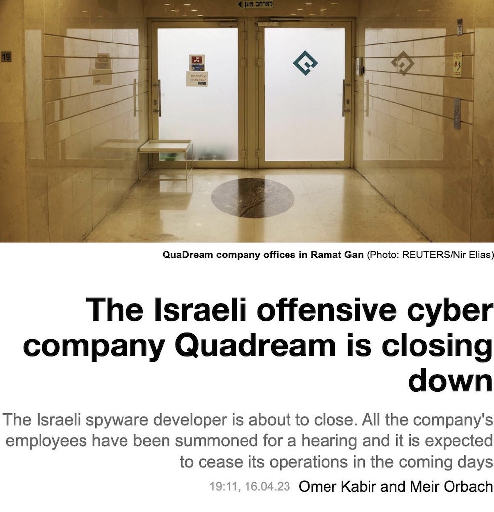 A screenshot of a Calcalist story with the headline: "The Israeli offensive cyber company is closing down"