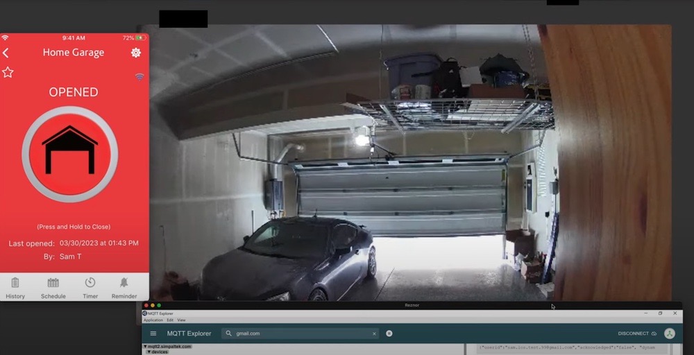 A screenshot of a video demonstrating remotely opening a garage door from the internet.
