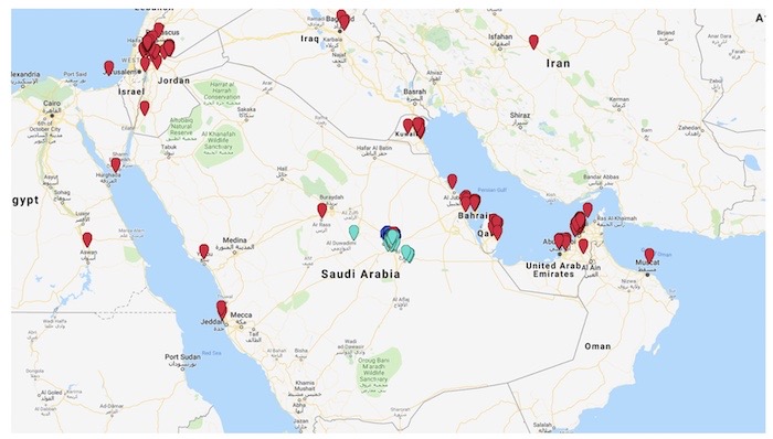 A map of location dots across Saudi Arabia and neighboring countries showing users of sex toys in a region where sex is highly censored and oppressed. 