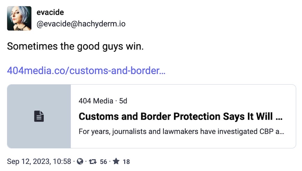 Eva toot: "Sometimes the good guys win" followed by a link to the 404 Media story.