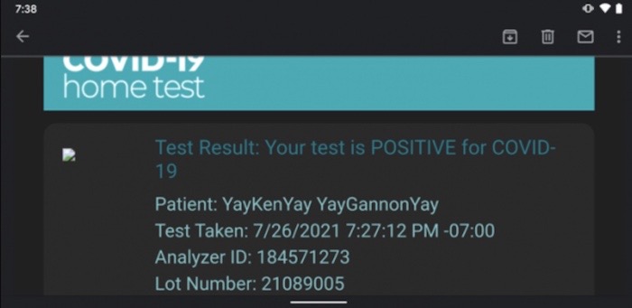 A screenshot of an app showing a falsified positive COVID-19 test result.