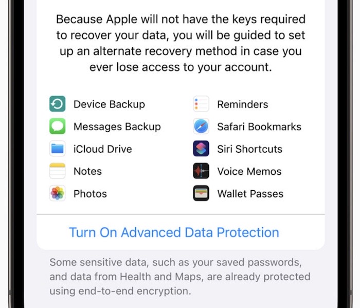 A screenshot of iOS 16.2 showing advanced data protection set-up in process.