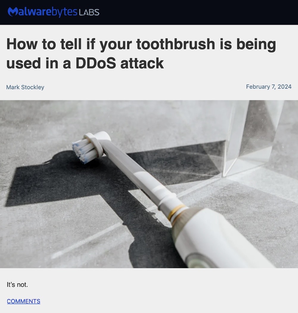 A headline on Malwarebytes that reads, "How to tell if your toothbrush is being used in a DDoS attack" followed by the two-word blog post: "It's not."