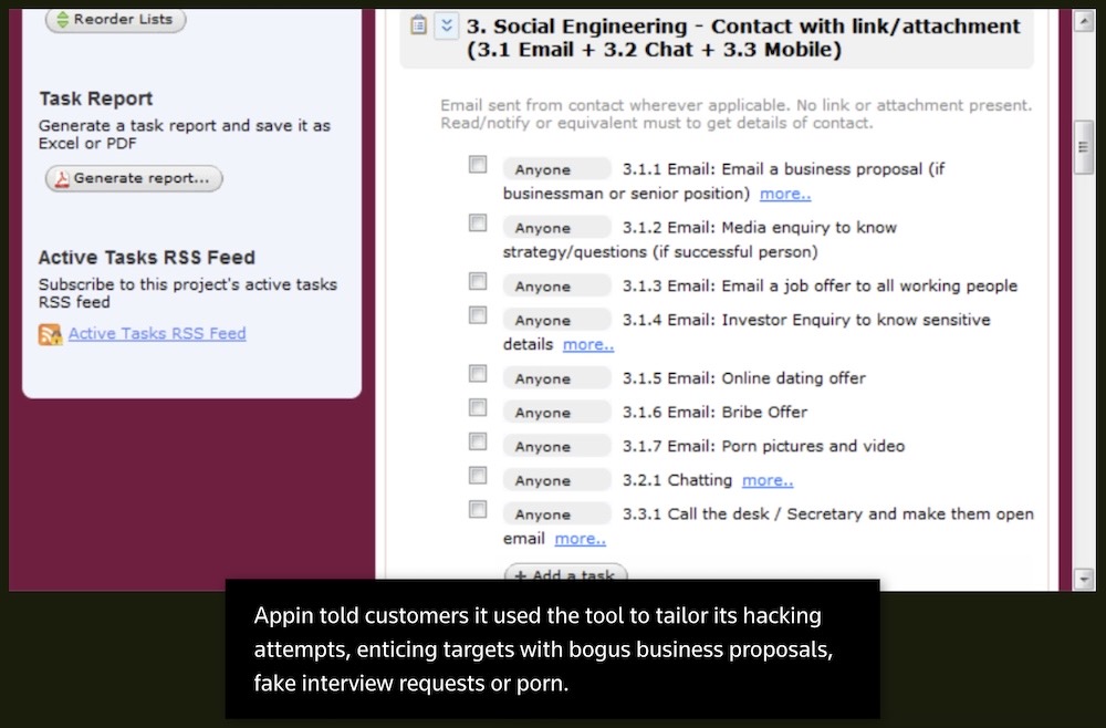 A screenshot from an online management system used by the Appin hackers to coordinate breaches. In this form, it shows a bunch of check boxes that the customer can choose, such as the type of social engineering attack they should carry out.