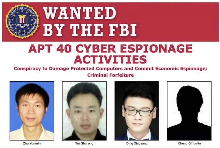 FBI wanted poster for four Chinese individuals associated with the APT40 espionage group.