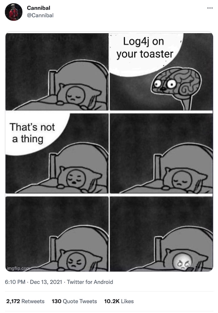 Comic strip of brain telling a person trying to fall asleep that Log4j is on their toaster, and the person waking up angrily to check.