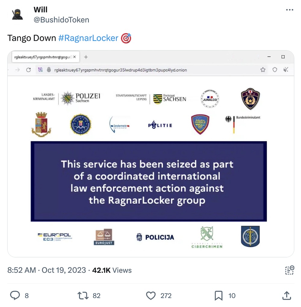 Will tweet: "Tango Down #RagnarLocker" followed by a screenshot of RagnarLocker's dark web site with a Europol seizure notice.