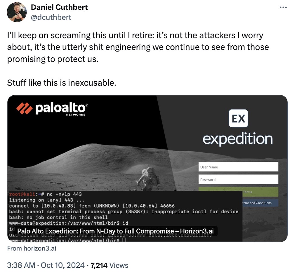 Daniel Cuthbert tweet: "I’ll keep on screaming this until I retire: it’s not the attackers I worry about, it’s the utterly shit engineering we continue to see from those promising to protect us.   Stuff like this is inexcusable."