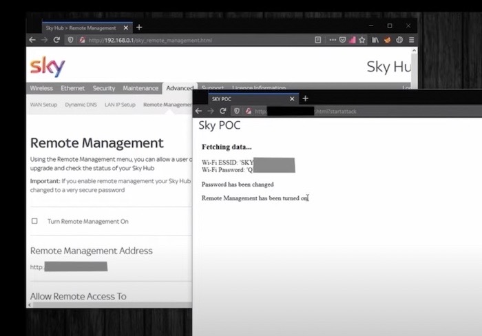 A screenshot of the proof-of-concept webpage remotely obtaining a Sky router's password from the internet.