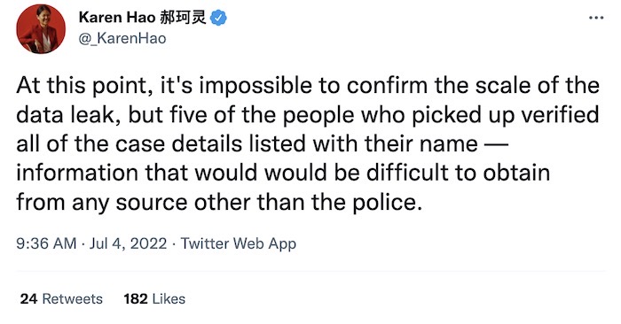 Karen Hao tweet: "At this point, it's impossible to confirm the scale of the data leak, but five of the people who picked up verified all of the case details listed with their name — information that would would be difficult to obtain from any source other than the police."