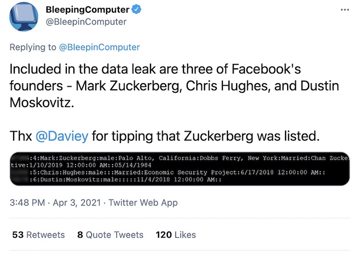 A screenshot of a tweet showing Facebook CEO Mark Zuckerberg's redacted phone number in the leaked dataset.