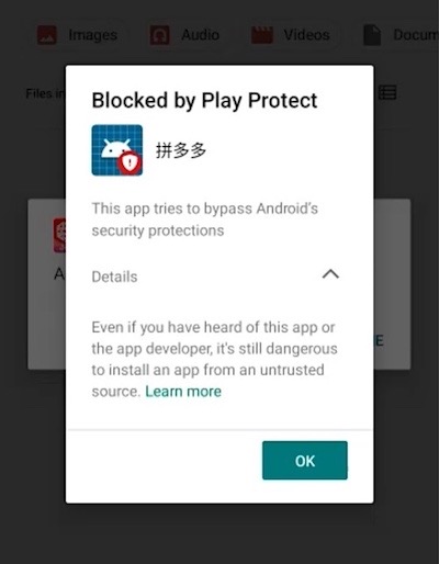 A screenshot of Play Protect on an Android phone blocking Pinduoduo's app from running.