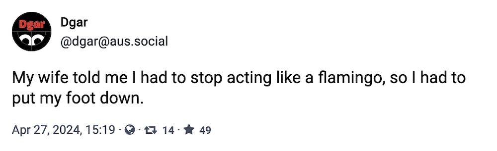 Dgar toot: "My wife told me I had to stop acting like a flamingo, so I had to put my foot down."