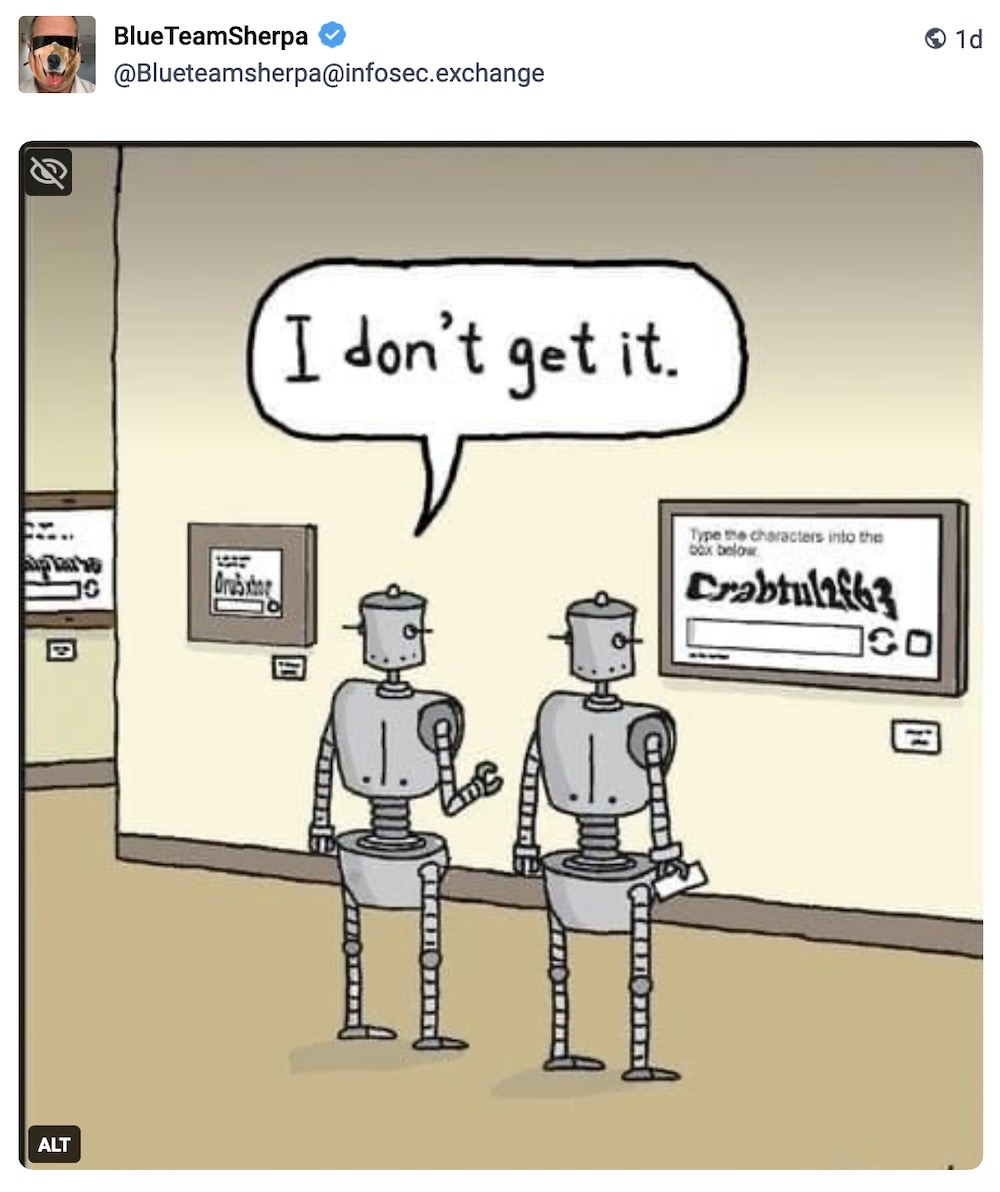 A cartoon of two robots in an art museum. They are looking at a CAPTCHA image framed on the wall as art. One robot says “I don’t get it.”