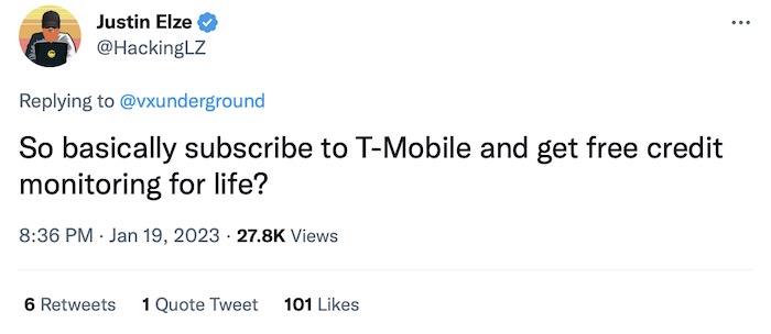 Justin Elze tweet: "So basically subscribe to T-Mobile and get free credit monitoring for life?"