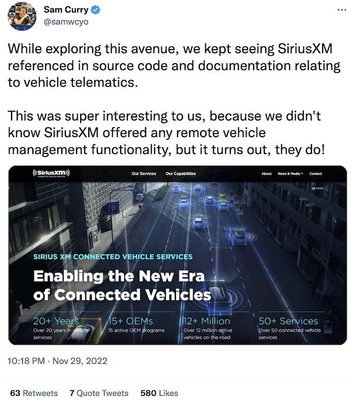 Sam Curry tweet: "While exploring this avenue, we kept seeing SiriusXM referenced in source code and documentation relating to vehicle telematics. This was super interesting to us, because we didn't know SiriusXM offered any remote vehicle management functionality, but it turns out, they do!"