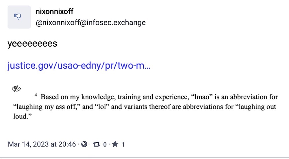 A footnote of a DOJ indictment that says, "Based on my knowledge, training and experience, 'Imao' is an abbreviation for 'laughing my ass off', and 'lol' and variants thereof are abbreviations for 'laughing out loud'."